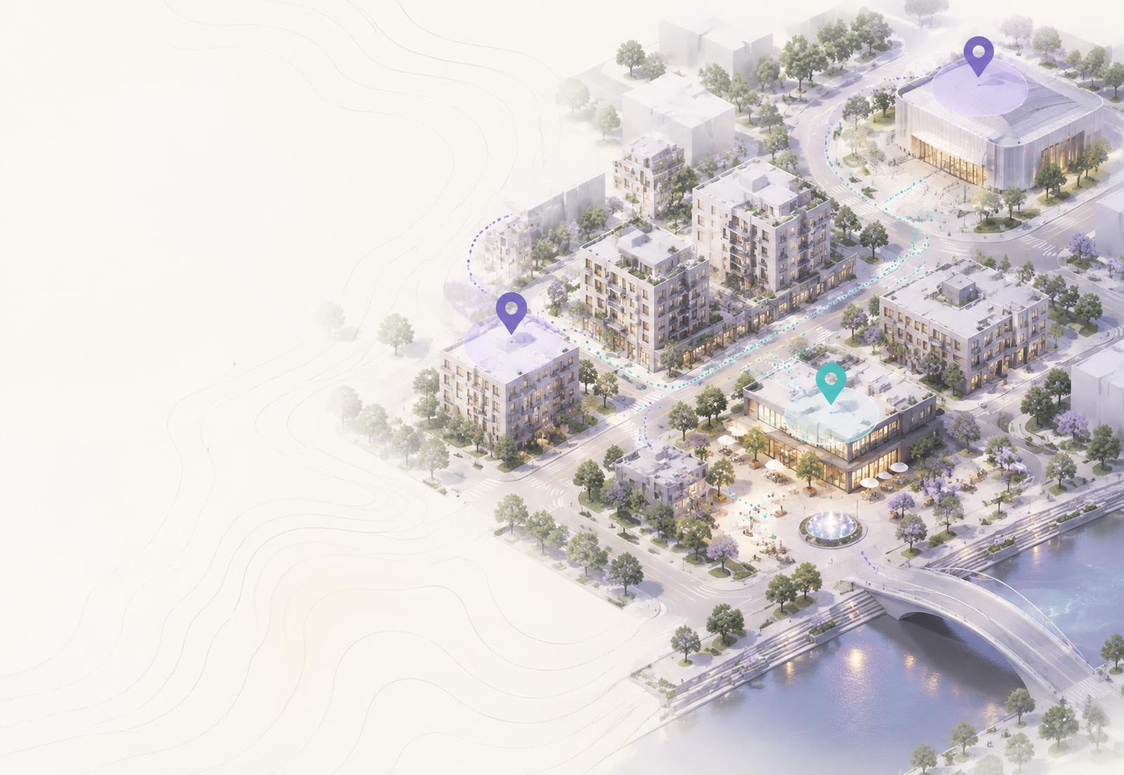 Illustrated city district with apartments, shops, a restaurant plaza and an event venue marked with location pins